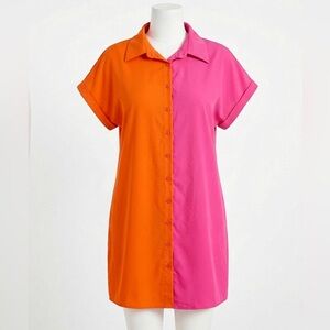 Orange and Pink Colorblock Essnce Plus Two Tone Batwing Sleeve Shirt Dress